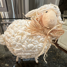 Handmade Fabric Sheep Figurine with Wood Legs Decorative Collectible