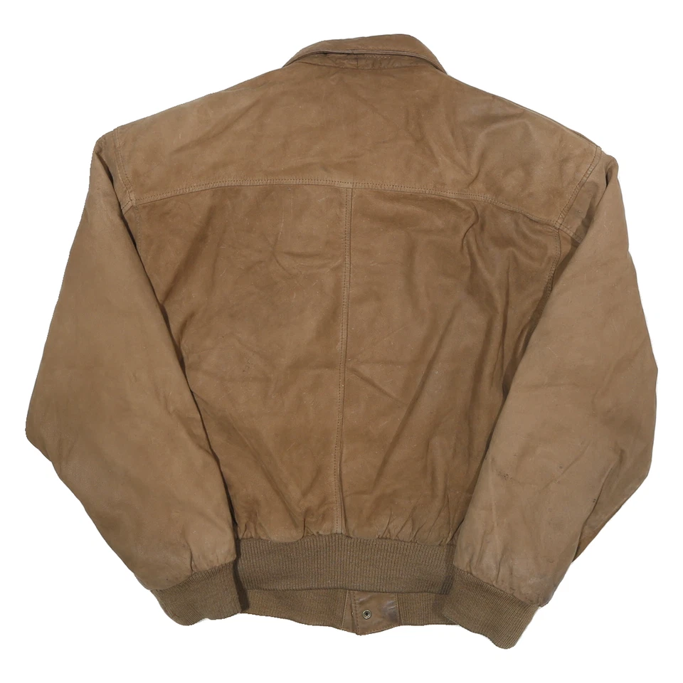 GLOBAL IDENTITY Womens Brown Leather Bomber Jacket L Zip Plain Stylish - Image 3 of 4