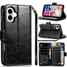 For iPhone 16 6.1inch Case Luxury Phone Wallet ID Zipper Holder + Tempered Glass
