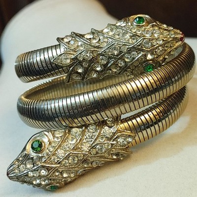 Snake Bracelet Coil Emerald Green Eyes Vintage Rhinestone Gold Tone Adjustable