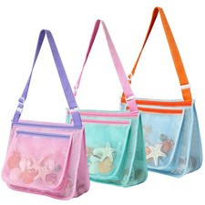 3 Pcs Seashell Collecting Bag for Kids,Beach Mesh Bag with Adjustable Shoulde...