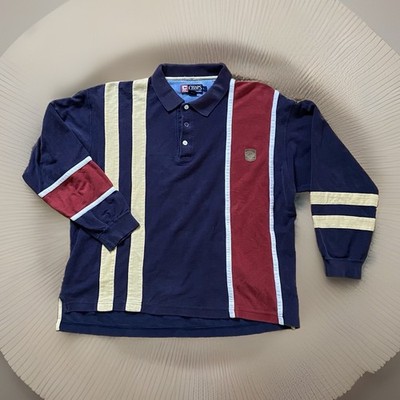 RARE VTG Chaps Ralph Lauren Multicolor Leather Logo LS Polo Shirt L 90s Prep