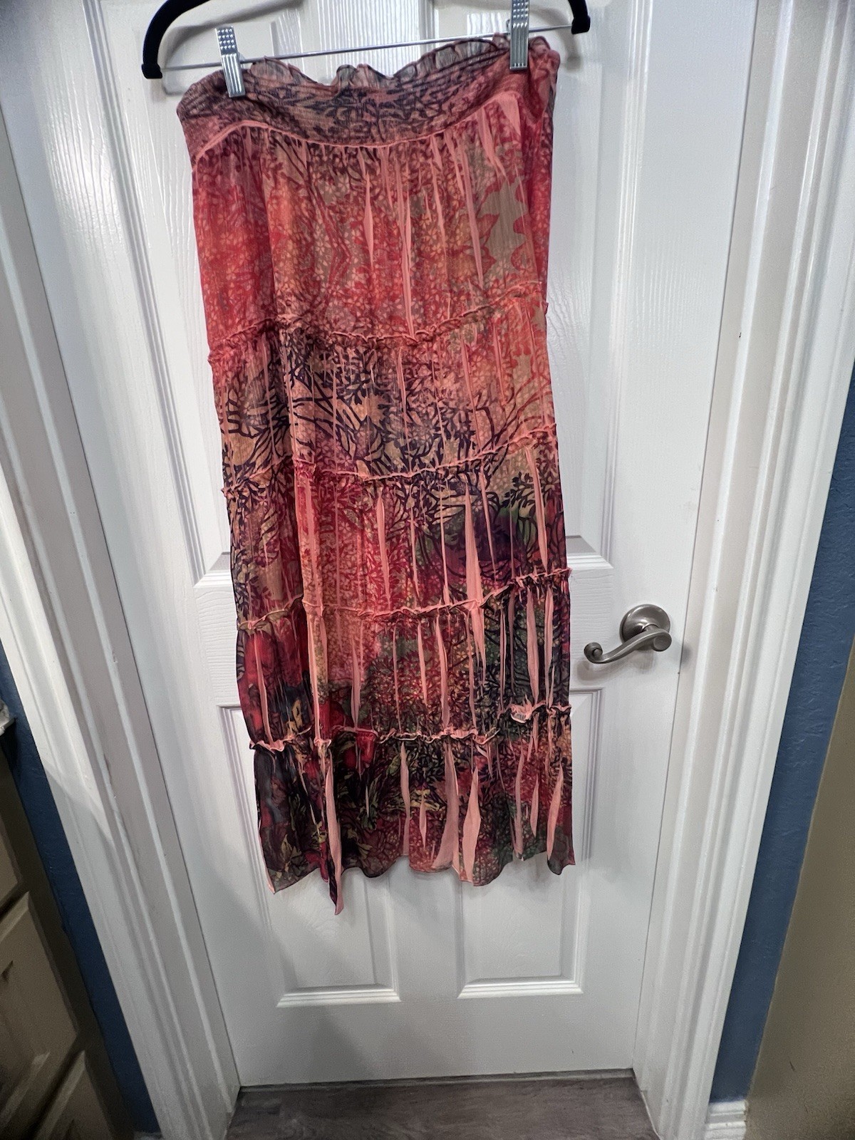 Boho Floral Tiered Long Skirt Multicolor Elastic Waist Med., Fairy, Cottage Core