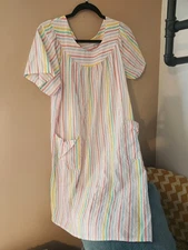  Women's Vintage 100% Cotton S/S Stripe Nightgown Pajamas Housecoat M Or L 