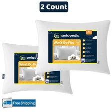 (2 pack) Sertapedic Won't Go Flat Bed Pillow, Standard/Queen