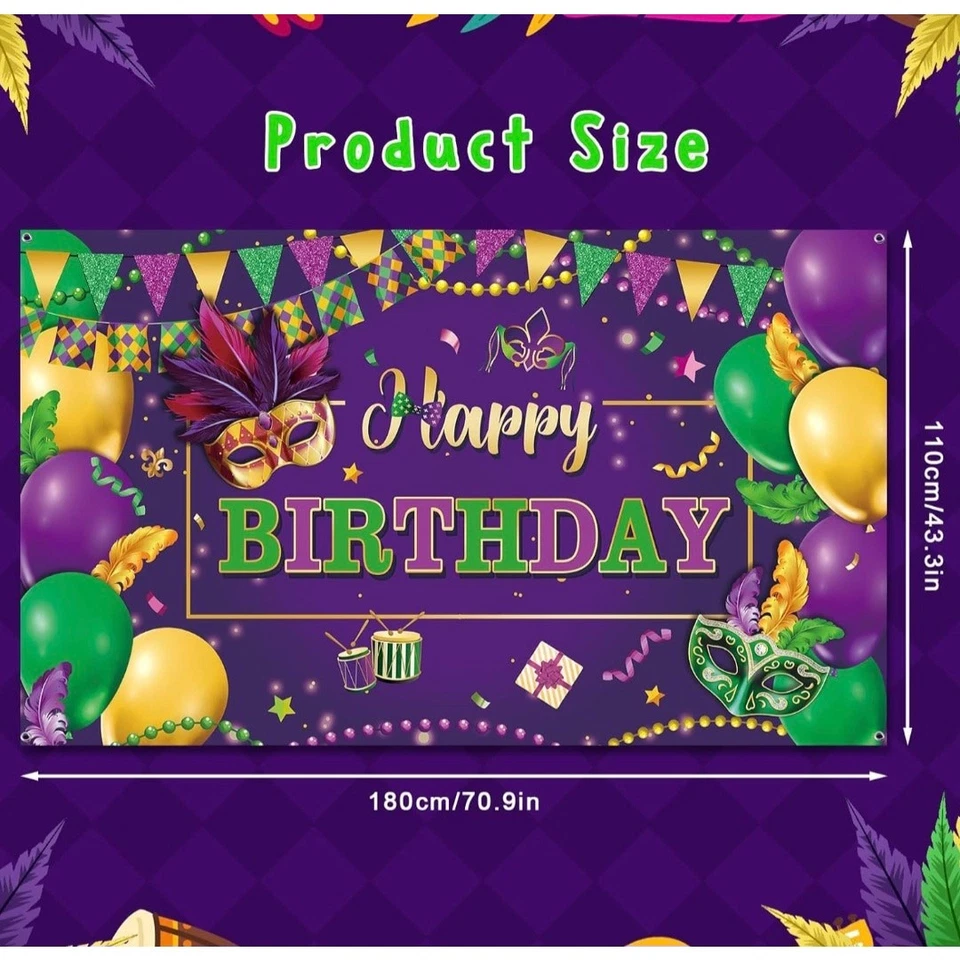 Mardi Gras 主题生日快乐背景 – 紫色和金色派对装饰 — 第 2/3 张图片