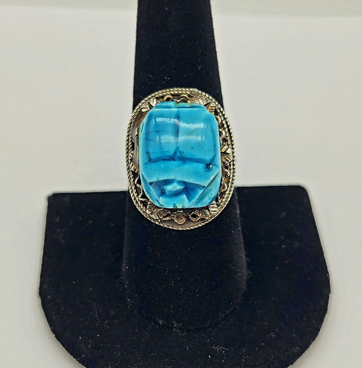 アンティーク　エンジェルレリーフの青いガラス付きのサリエール Antique Carved Scarab Blue Stone Sterling Silver Ring