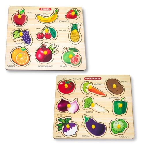 Fruit and Vegetables Wooden Peg Puzzle board Jigsaw Bundle Shape Toys for kids - Afbeelding 1 van 8
