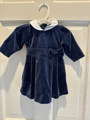NEW Emile Et Rose Baby Girl Size 1-3 Months Blue Velour  Long Sleeve Dress