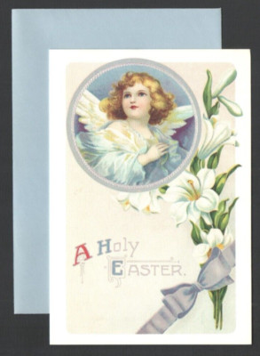 Vntg Victorian Current UnUSED A HOLY EASTER Card &Envelope Angel Easter Lillys