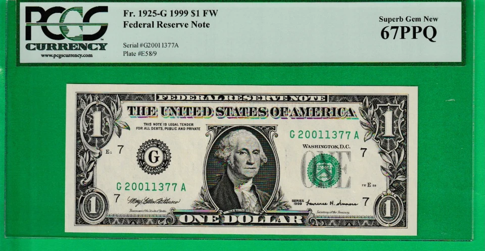 1999 $1 Federal Reserve note BIRTH YEAR Serial Numbers "2001" - 1377 PCGS 67 - Image 2 of 3