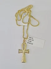 10K Gold Franco Chain Ankh Jesus Cross Charm SET 18-24 inches 1mm Necklace