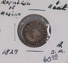 1827 Mo JM Republic of Mexico 1 Real Silver Coin 