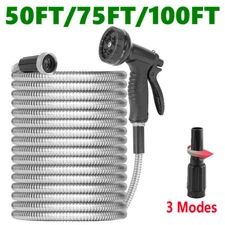 100FT Stainless Steel Garden Water Hose Flexible Patio Home Heavy Duty Sprayer