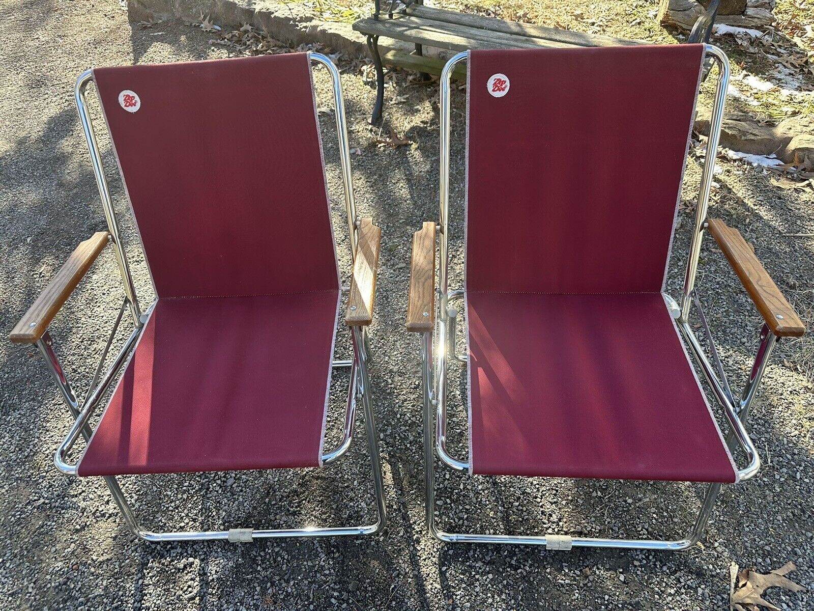 Vintage Zip Dee Burgundy Red Folding Lawn Chairs Retro RV Airstream Wood MCM X 2