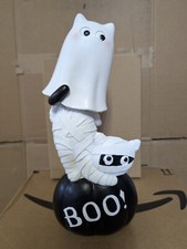 GOBLIN & GHOUL Ghost & Mummy Cat Stacked 14in Halloween Tabletop Decor
