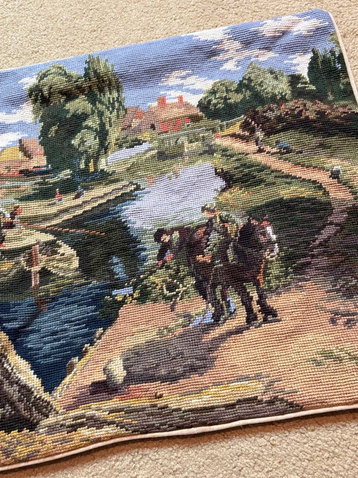 NEW Wool Needlepoint Pillow Cover French Countryside House Fishing Horse 18" - Image 3 of 4