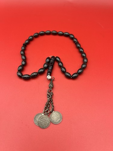 Antique/Vintage Black Coral & Silver In Lay Worry Beads Islamic Masbaha 32 Stone