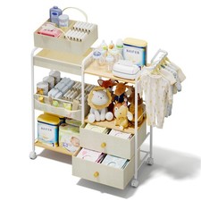 Diaper Caddy Organizer with Hanging Rack - 3 Tier Rolling Baby Storage Cart w...