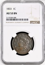 1833 CORONET HEAD LARGE CENT NGC AU53 BROWN
