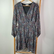 Little Party Dress Womens 12 Grey Floral Faux Wrap Blouson Sleeve Midi V-Neck