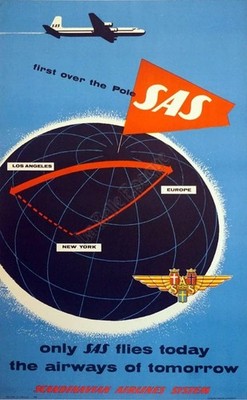 Vintage SAS First Over the Pole Airline Route Map Travel Poster 24x36