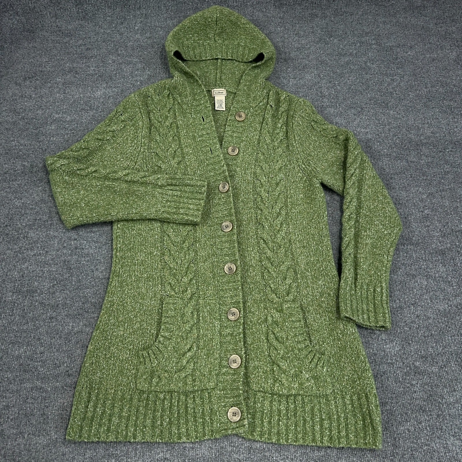 LL Bean Sweater Womens L Green Hooded Long Cable Knit Button Cardigan Pockets