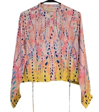 La Fuori Cropped Silk Top Soft Pink Yellow Artsy Boxy Blouse Drawstring Sz M New