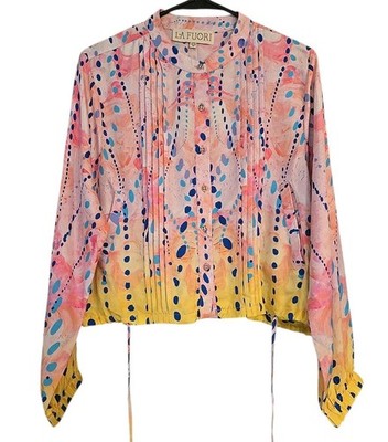 La Fuori Cropped Silk Top Pink Yellow Artsy Boxy Blouse Drawstring Sz M New