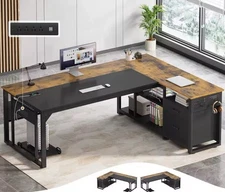 71" Reversible L-Shaped Executive Desk with Outlets, Pegboard & Storage Shelves