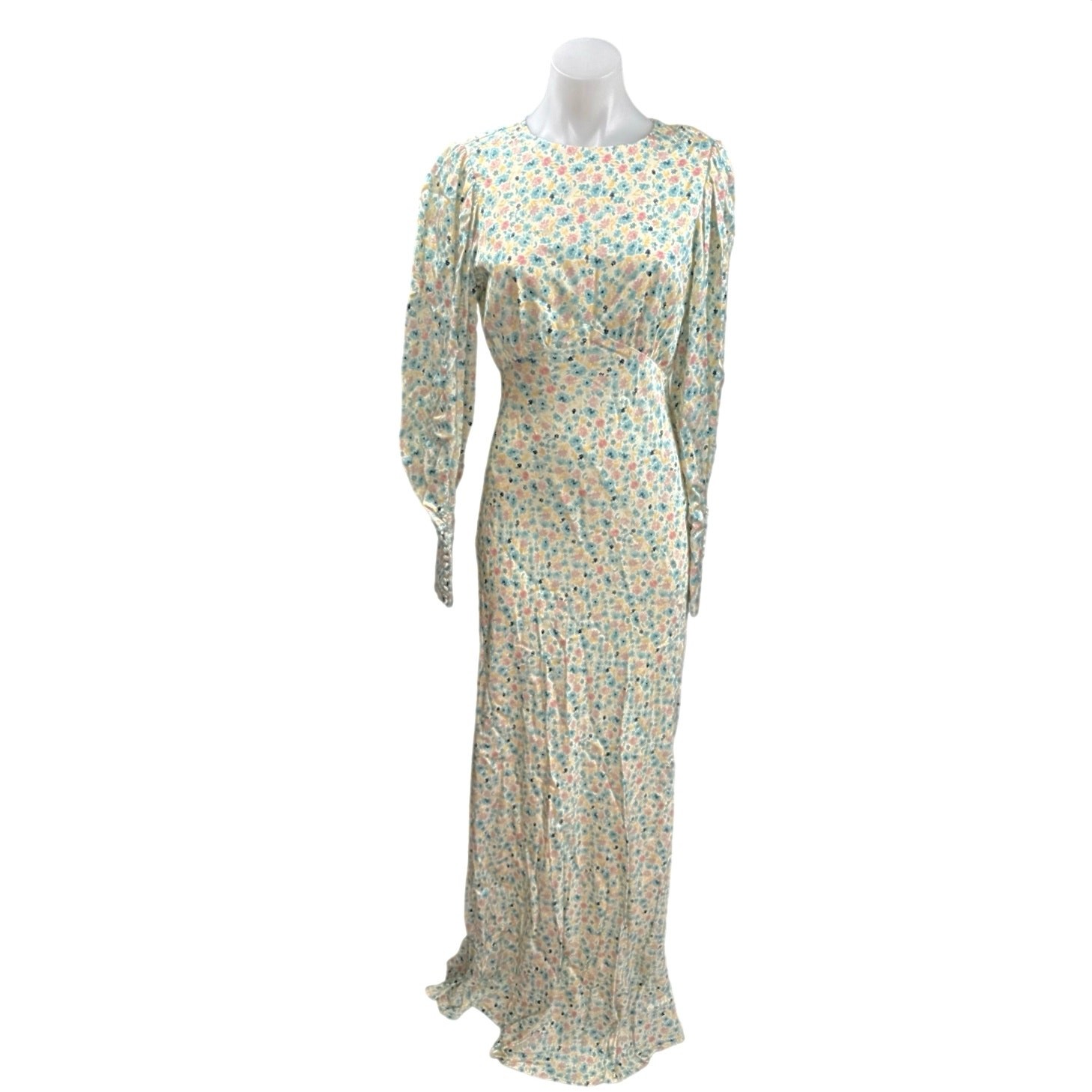 NEW Malina Alize Multicolor Satin Floral Long Puff Sleeve Maxi A-line Dress XS