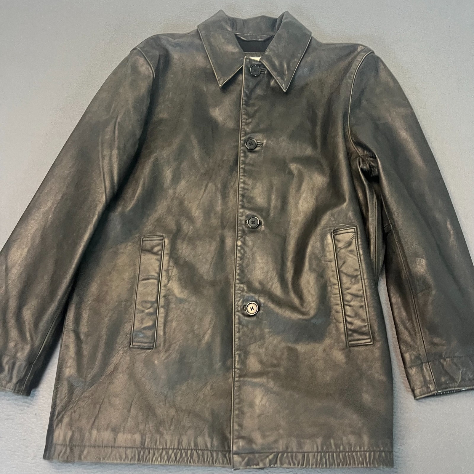 Banana Republic Men's Medium Relaxed Leather Carcoat Black Button Jacket NWT image 2