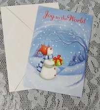 Snowman Christmas Greeting Card Joy To The World Snowflakes Hugs Snow Tree 