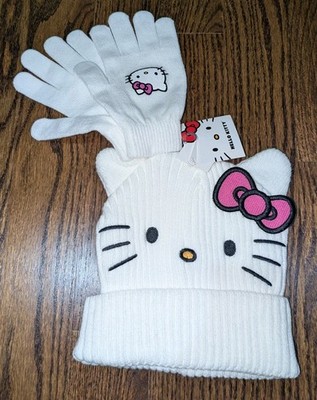 White Hello Kitty Pink Bow Hat & Glove Set NWT Sanrio Concept One New Tags Cat 