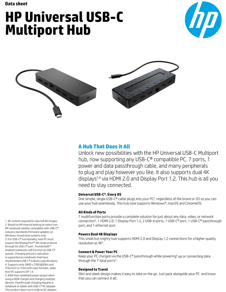 HP Universal USB-C Multiport Hub with HDMI Display Port USB-A Ethernet 50H55UT