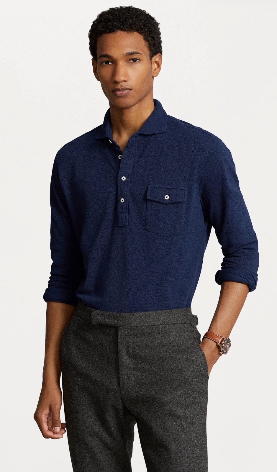Polo Ralph Lauren NAVY BLUE Mesh Knit Classic Fit Long Sleeve Collared Shirt R99