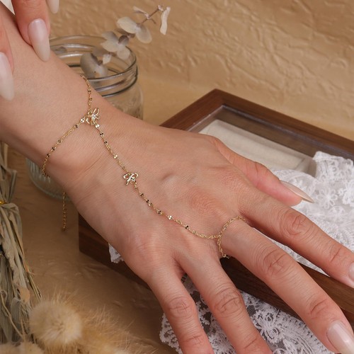 Pulseras de anillo de cadena de mano de oro para mujer, delicado arco cadena dedo anillo esclavo sujetador - Imagen 6 de 7