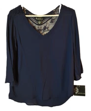 NWT Signature Studio Womens MEDIUM Navy Blue Dress Blouse Shirt Sheer Back