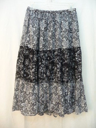 JANE ASHLEY i Women's Boho SKIRT 3-tier 100% Cotton black & white Size PM - Picture 4 of 9