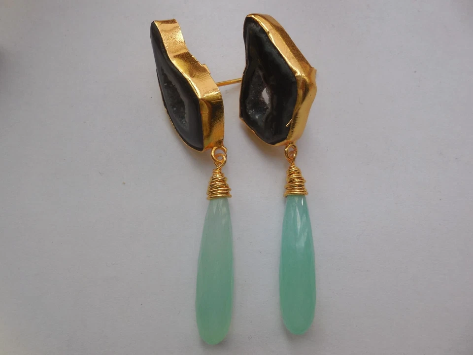 Druzy Chandelier Earrings Elongated Chalcedony Drop Gemstone Gold Plated Jewelry - Image 4 of 4