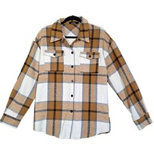 Trendy Queen Plaid Shacket Shirt Jacket Womens M Brown Tan White Long Sleeve