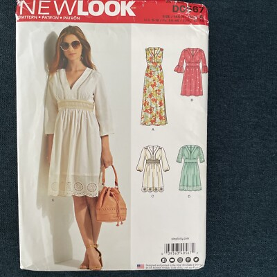 New Look pattern 0568 NEW Empire Waist V neck Dress, Ruffle sleeve Size 6-16