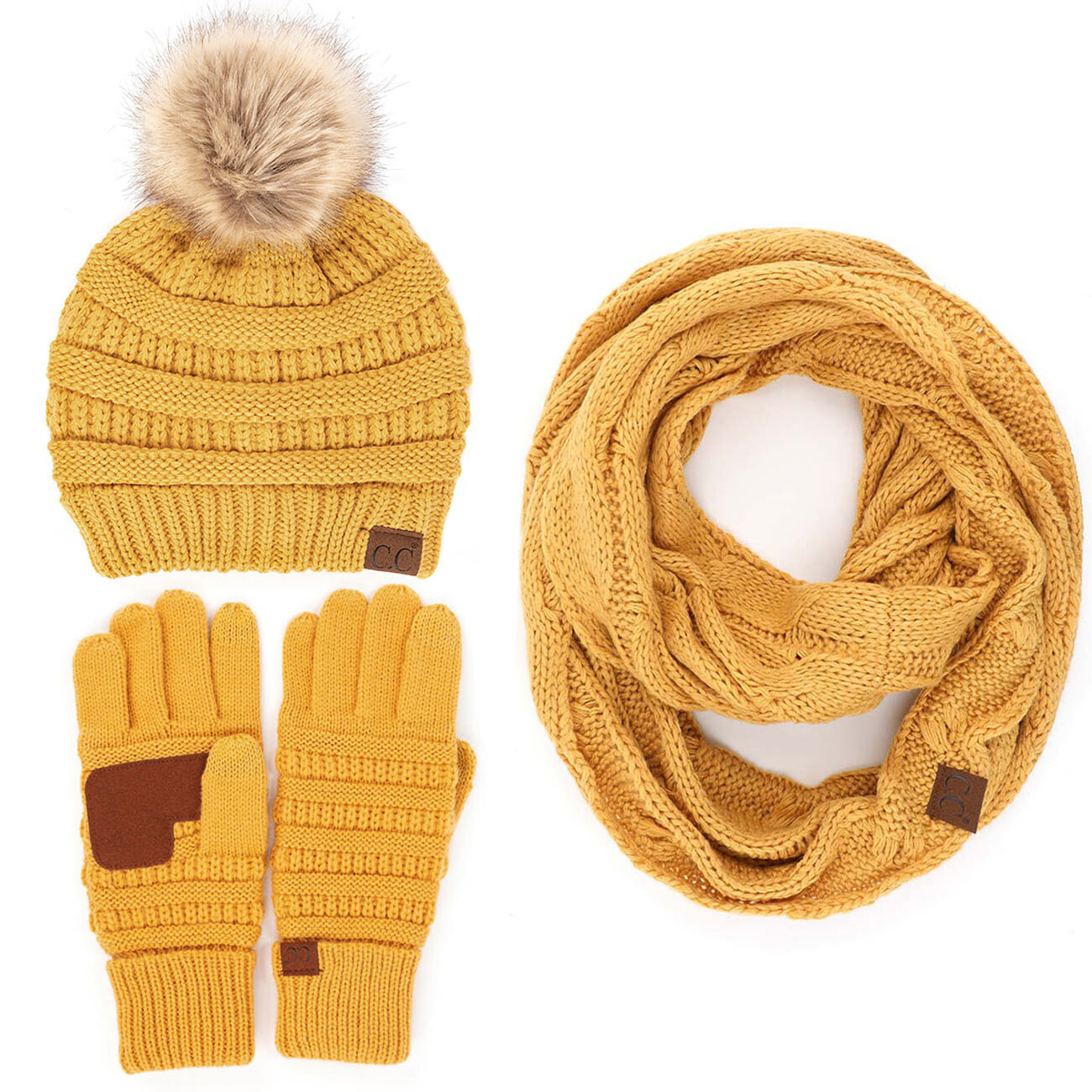 C.C 3pc Winter Warm Ribbed Knit Stretch Pom Pom Beanie 