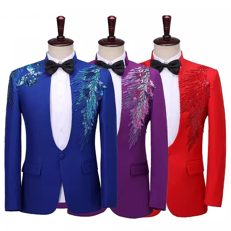 Men Slim Sequin Blazer Suit Jacket Coat One Button Performance Stage Party Coat