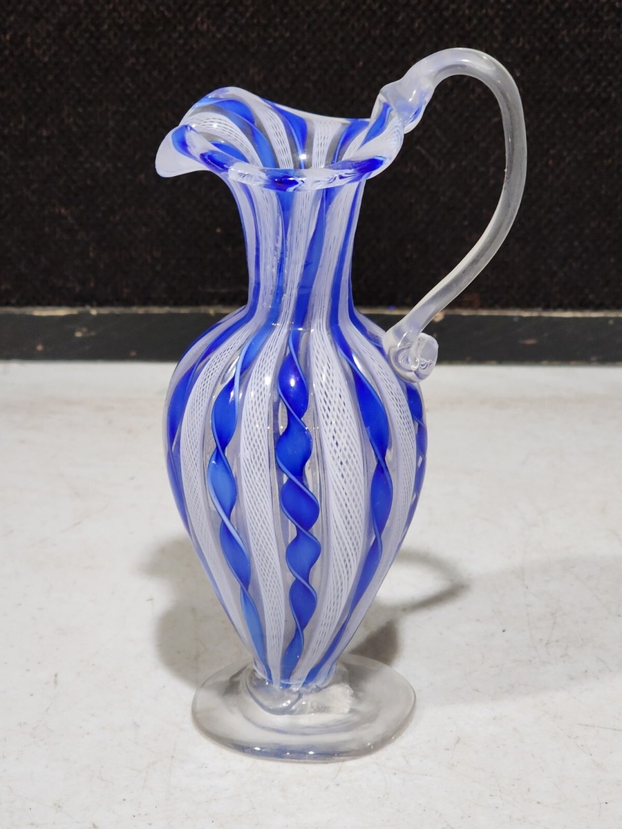Murano Italy Latticino HandBlown Dark Blue Ribbon Art Glass