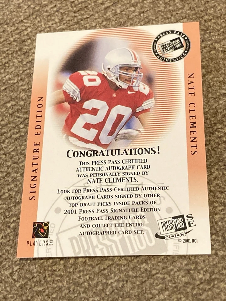 2001 Press Pass SE Nate Clements Autographs Ohio state OSU RC - Image 2 of 2