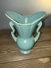 Vintage 1950s McCoy Turquoise Blue Vase Ruffled Rim Scroll Handles
