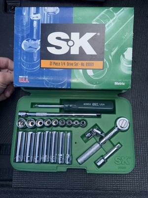 S-K SK Tools USA Vintage METRIC 21pc 6pt 1/4'' Drive Ratchet Socket Set New Nos
