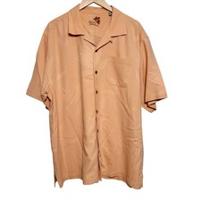 Tommy Bahama Mens Silk Shirt XL Camp Palm Tree Print Peach Short Sleeve
