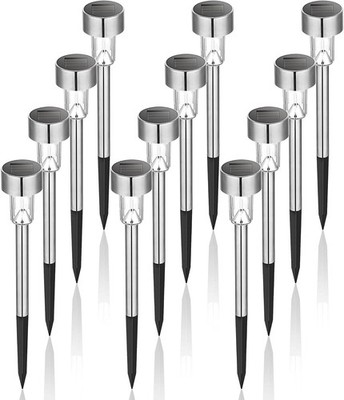 12 Pack Stainless Steel Solar Garden Lights, Waterproof Cold White LED